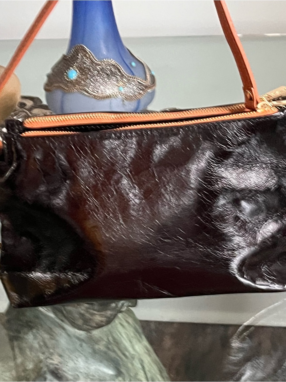 Flawless Valentina Black Patent Shoulder Bag with Tan Strap and Gold Logo Charm - Picture 3 of 8